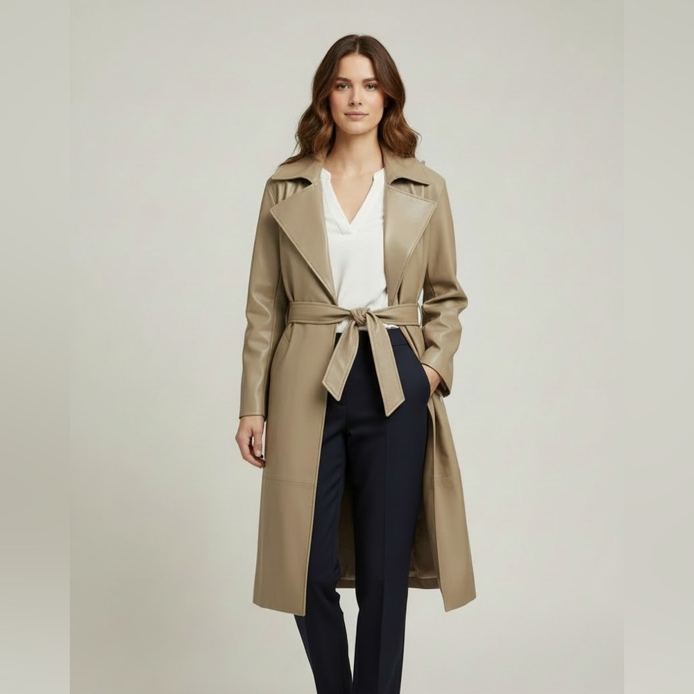 NWT Kenneth Cole Faux Leather Trench Coat Belted Long Jacket Olive Green M - Picture 2 of 4